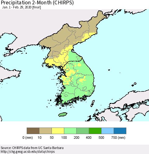 Korea Precipitation 2-Month (CHIRPS) Thematic Map For 1/1/2020 - 2/29/2020