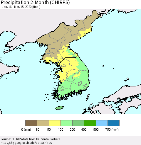 Korea Precipitation 2-Month (CHIRPS) Thematic Map For 1/16/2020 - 3/15/2020