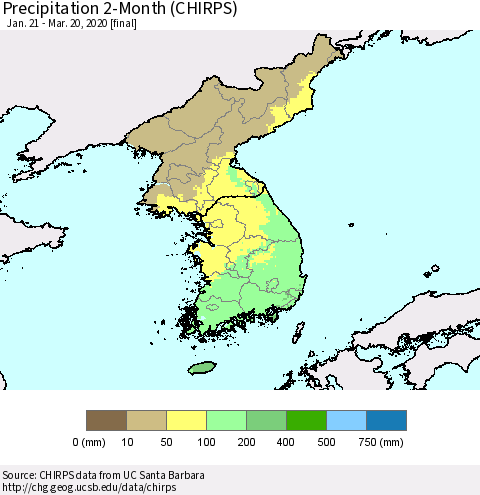 Korea Precipitation 2-Month (CHIRPS) Thematic Map For 1/21/2020 - 3/20/2020