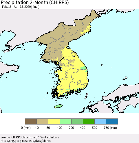 Korea Precipitation 2-Month (CHIRPS) Thematic Map For 2/16/2020 - 4/15/2020