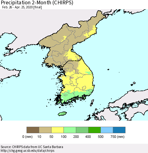 Korea Precipitation 2-Month (CHIRPS) Thematic Map For 2/26/2020 - 4/25/2020