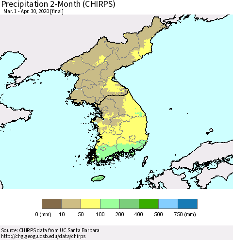 Korea Precipitation 2-Month (CHIRPS) Thematic Map For 3/1/2020 - 4/30/2020