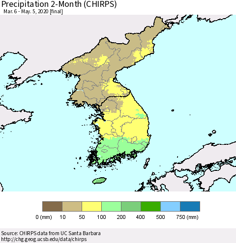 Korea Precipitation 2-Month (CHIRPS) Thematic Map For 3/6/2020 - 5/5/2020