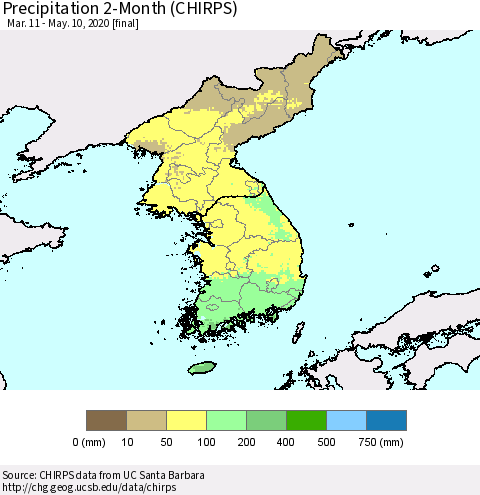 Korea Precipitation 2-Month (CHIRPS) Thematic Map For 3/11/2020 - 5/10/2020