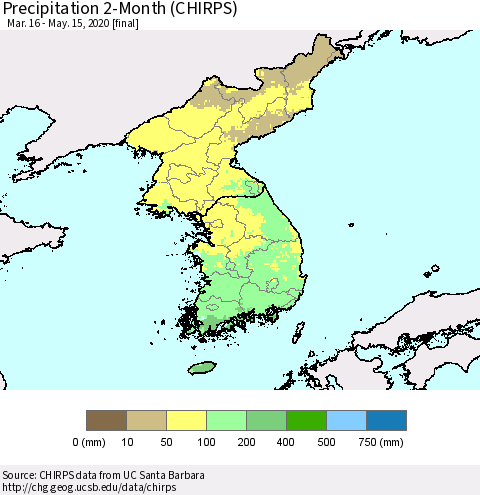 Korea Precipitation 2-Month (CHIRPS) Thematic Map For 3/16/2020 - 5/15/2020