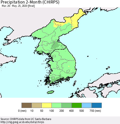 Korea Precipitation 2-Month (CHIRPS) Thematic Map For 3/26/2020 - 5/25/2020