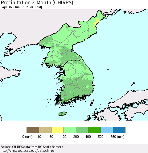 Korea Precipitation 2-Month (CHIRPS) Thematic Map For 4/16/2020 - 6/15/2020