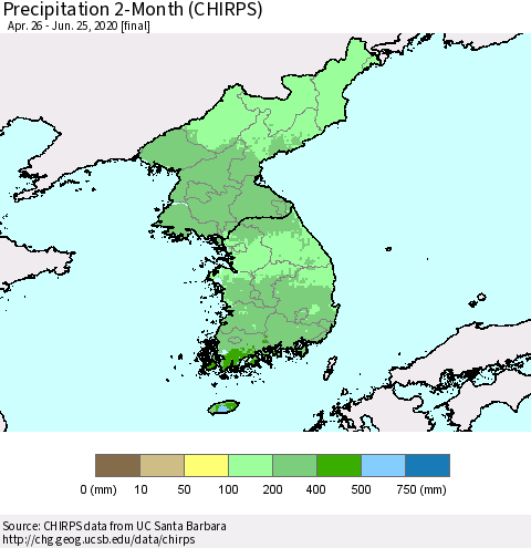 Korea Precipitation 2-Month (CHIRPS) Thematic Map For 4/26/2020 - 6/25/2020