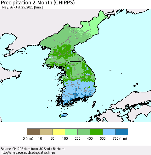 Korea Precipitation 2-Month (CHIRPS) Thematic Map For 5/26/2020 - 7/25/2020