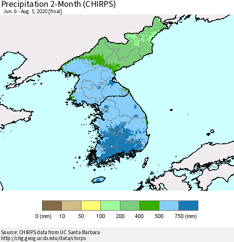 Korea Precipitation 2-Month (CHIRPS) Thematic Map For 6/6/2020 - 8/5/2020
