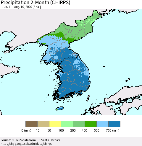 Korea Precipitation 2-Month (CHIRPS) Thematic Map For 6/11/2020 - 8/10/2020