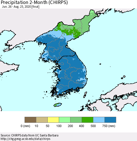 Korea Precipitation 2-Month (CHIRPS) Thematic Map For 6/26/2020 - 8/25/2020