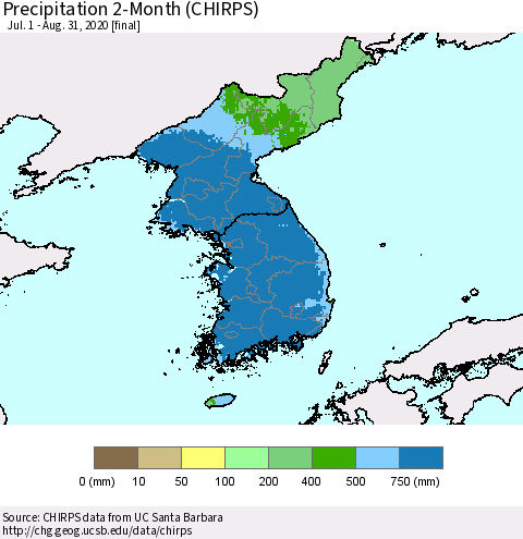 Korea Precipitation 2-Month (CHIRPS) Thematic Map For 7/1/2020 - 8/31/2020