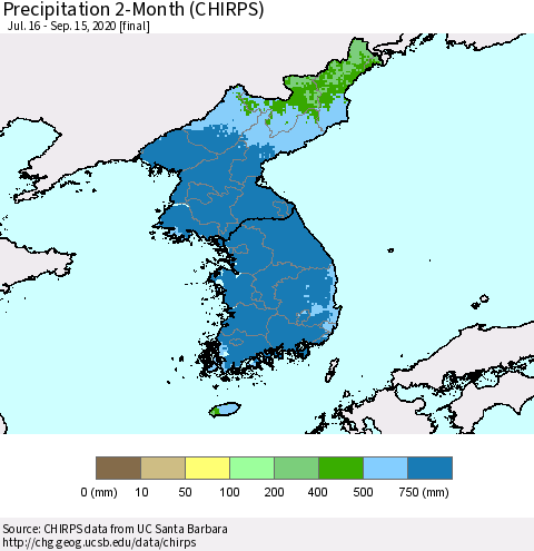 Korea Precipitation 2-Month (CHIRPS) Thematic Map For 7/16/2020 - 9/15/2020