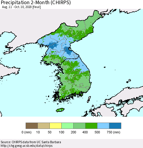Korea Precipitation 2-Month (CHIRPS) Thematic Map For 8/11/2020 - 10/10/2020