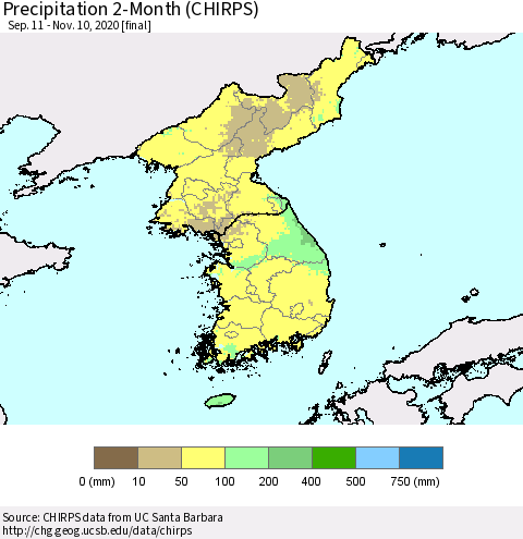 Korea Precipitation 2-Month (CHIRPS) Thematic Map For 9/11/2020 - 11/10/2020