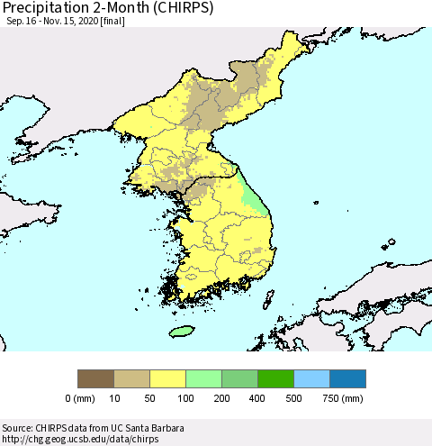 Korea Precipitation 2-Month (CHIRPS) Thematic Map For 9/16/2020 - 11/15/2020