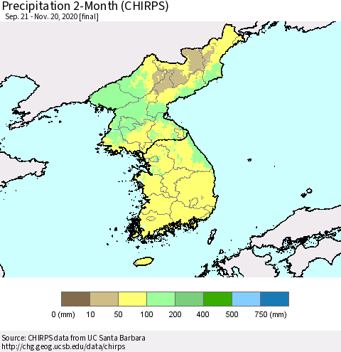 Korea Precipitation 2-Month (CHIRPS) Thematic Map For 9/21/2020 - 11/20/2020