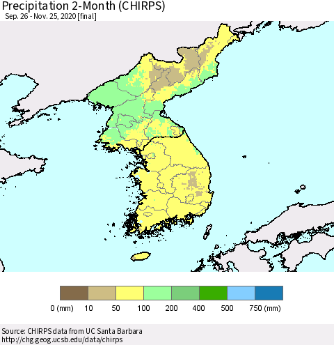 Korea Precipitation 2-Month (CHIRPS) Thematic Map For 9/26/2020 - 11/25/2020