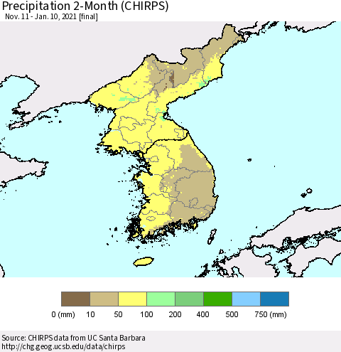 Korea Precipitation 2-Month (CHIRPS) Thematic Map For 11/11/2020 - 1/10/2021