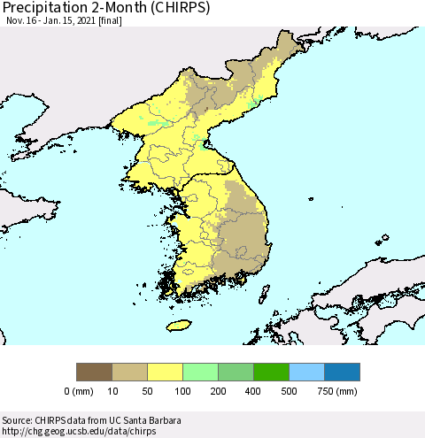 Korea Precipitation 2-Month (CHIRPS) Thematic Map For 11/16/2020 - 1/15/2021