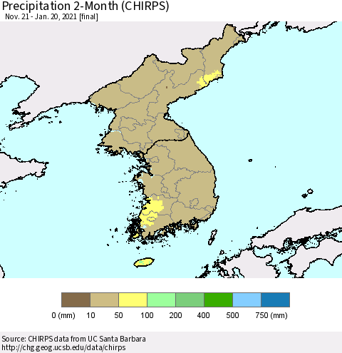 Korea Precipitation 2-Month (CHIRPS) Thematic Map For 11/21/2020 - 1/20/2021