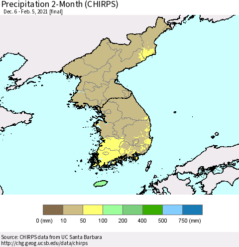 Korea Precipitation 2-Month (CHIRPS) Thematic Map For 12/6/2020 - 2/5/2021