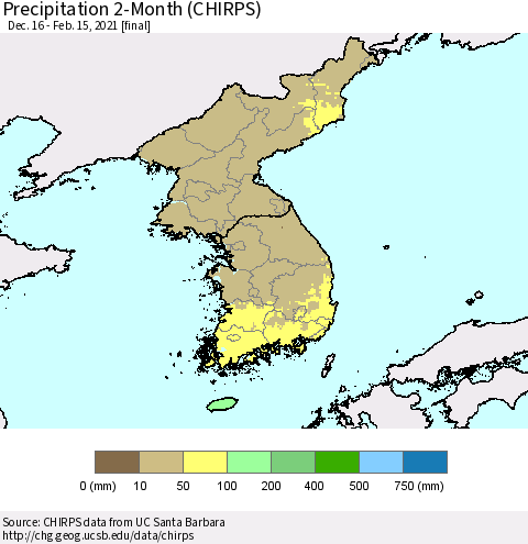 Korea Precipitation 2-Month (CHIRPS) Thematic Map For 12/16/2020 - 2/15/2021