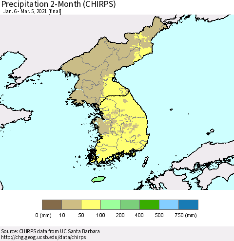 Korea Precipitation 2-Month (CHIRPS) Thematic Map For 1/6/2021 - 3/5/2021