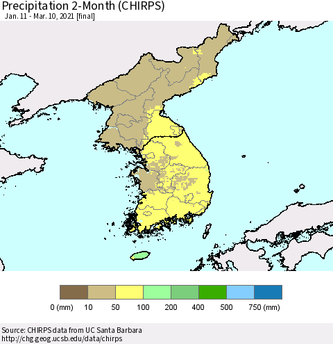 Korea Precipitation 2-Month (CHIRPS) Thematic Map For 1/11/2021 - 3/10/2021