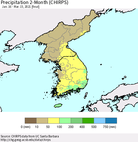 Korea Precipitation 2-Month (CHIRPS) Thematic Map For 1/16/2021 - 3/15/2021