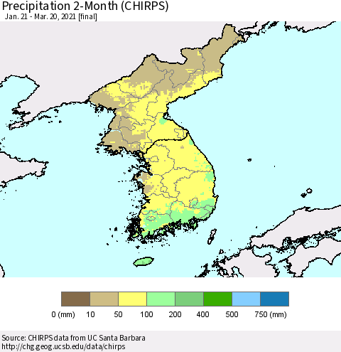 Korea Precipitation 2-Month (CHIRPS) Thematic Map For 1/21/2021 - 3/20/2021
