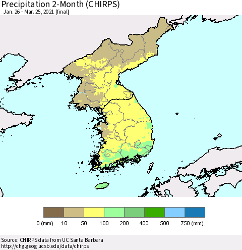 Korea Precipitation 2-Month (CHIRPS) Thematic Map For 1/26/2021 - 3/25/2021
