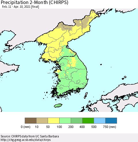 Korea Precipitation 2-Month (CHIRPS) Thematic Map For 2/11/2021 - 4/10/2021