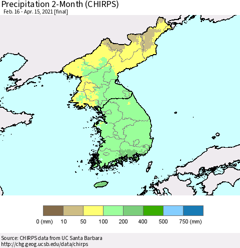 Korea Precipitation 2-Month (CHIRPS) Thematic Map For 2/16/2021 - 4/15/2021