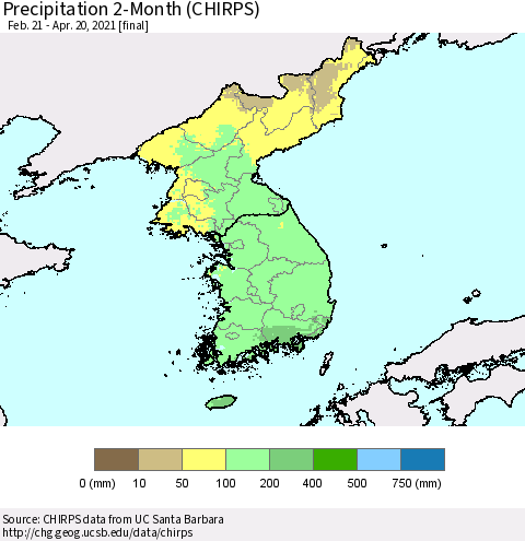 Korea Precipitation 2-Month (CHIRPS) Thematic Map For 2/21/2021 - 4/20/2021
