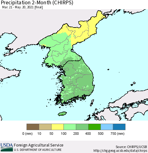 Korea Precipitation 2-Month (CHIRPS) Thematic Map For 3/21/2021 - 5/20/2021