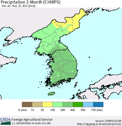 Korea Precipitation 2-Month (CHIRPS) Thematic Map For 3/26/2021 - 5/25/2021