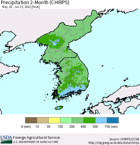 Korea Precipitation 2-Month (CHIRPS) Thematic Map For 5/16/2021 - 7/15/2021