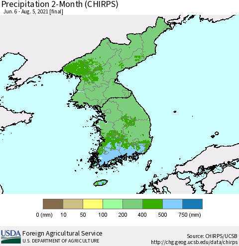 Korea Precipitation 2-Month (CHIRPS) Thematic Map For 6/6/2021 - 8/5/2021