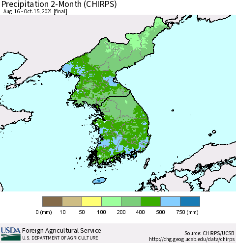 Korea Precipitation 2-Month (CHIRPS) Thematic Map For 8/16/2021 - 10/15/2021