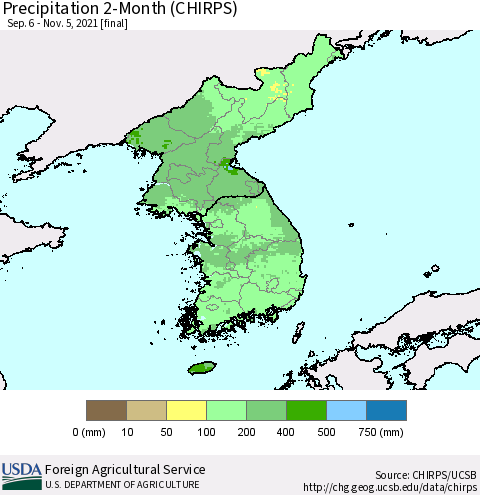 Korea Precipitation 2-Month (CHIRPS) Thematic Map For 9/6/2021 - 11/5/2021