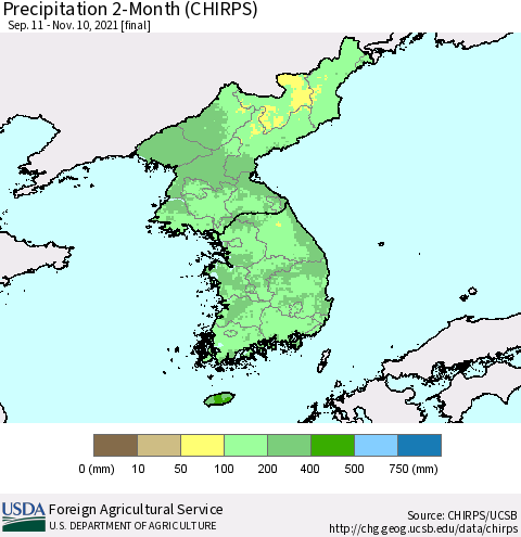Korea Precipitation 2-Month (CHIRPS) Thematic Map For 9/11/2021 - 11/10/2021