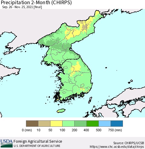 Korea Precipitation 2-Month (CHIRPS) Thematic Map For 9/26/2021 - 11/25/2021