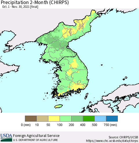 Korea Precipitation 2-Month (CHIRPS) Thematic Map For 10/1/2021 - 11/30/2021