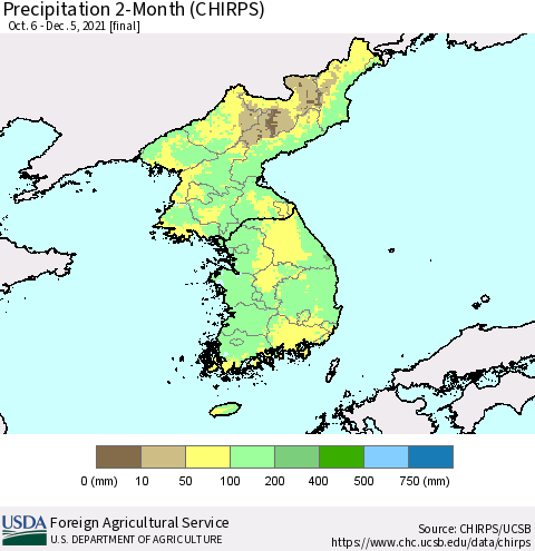 Korea Precipitation 2-Month (CHIRPS) Thematic Map For 10/6/2021 - 12/5/2021