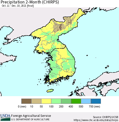 Korea Precipitation 2-Month (CHIRPS) Thematic Map For 10/11/2021 - 12/10/2021