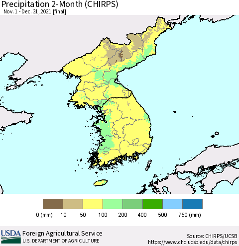 Korea Precipitation 2-Month (CHIRPS) Thematic Map For 11/1/2021 - 12/31/2021