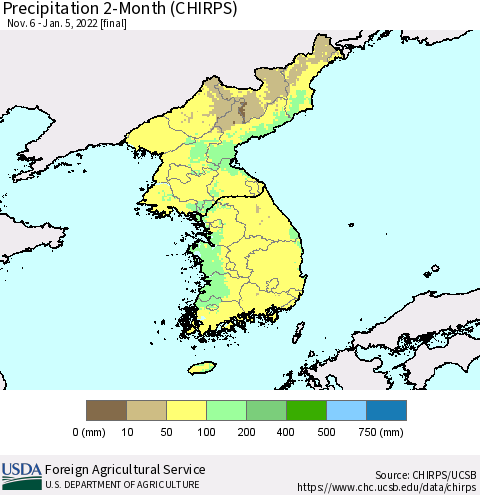 Korea Precipitation 2-Month (CHIRPS) Thematic Map For 11/6/2021 - 1/5/2022