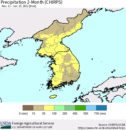 Korea Precipitation 2-Month (CHIRPS) Thematic Map For 11/11/2021 - 1/10/2022